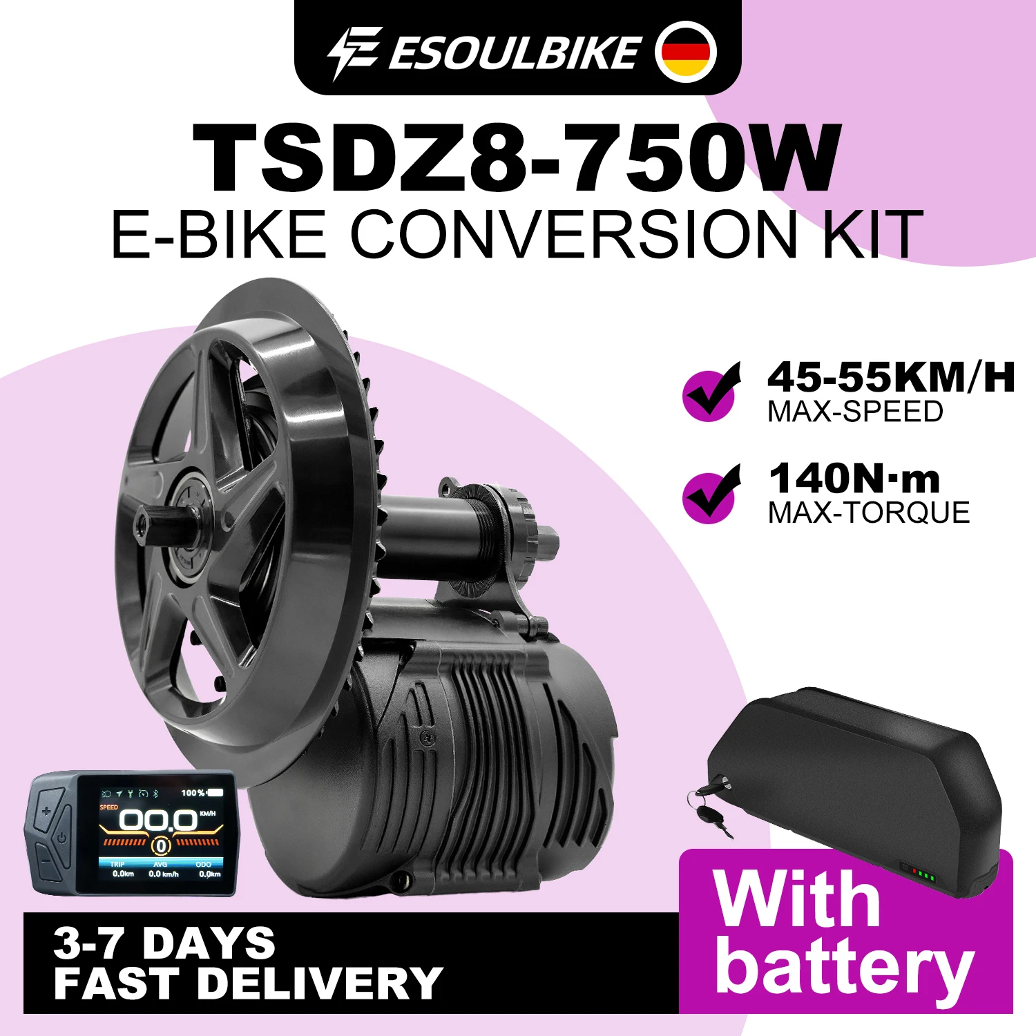 Kit di conversione per bicicletta elettrica Tongsheng TSDZ8 48V 750W con motore centrale e sensore di coppia, display DFL11, set motore per bicicletta elettrica con batteria al litio 48V 20Ah