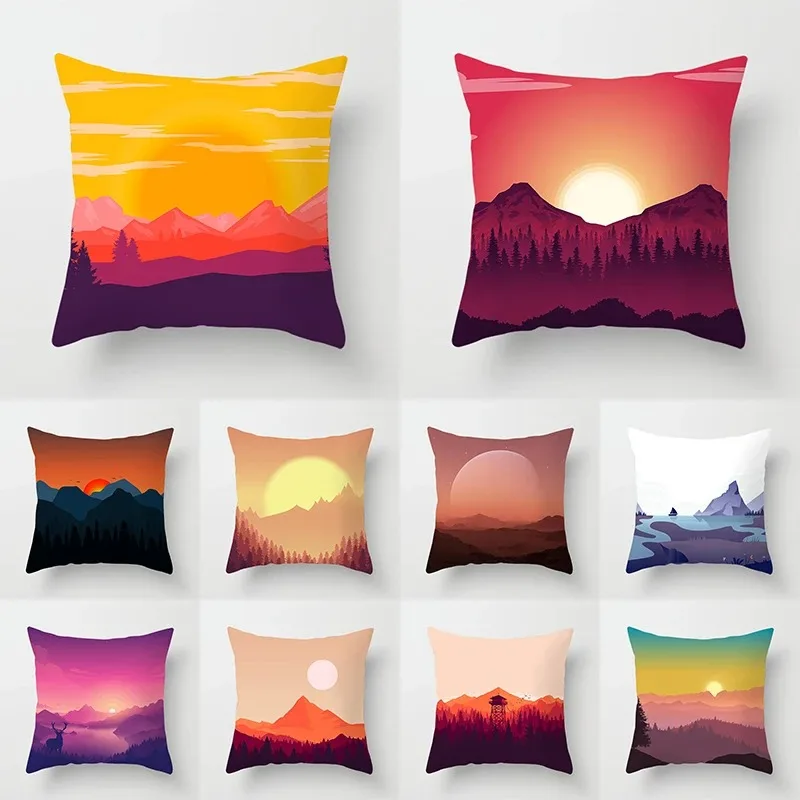 Luxury Home Decor Cushion Cover Cartoon Illustration Sunset Landscape Pattern Office Decor Pillow Cover