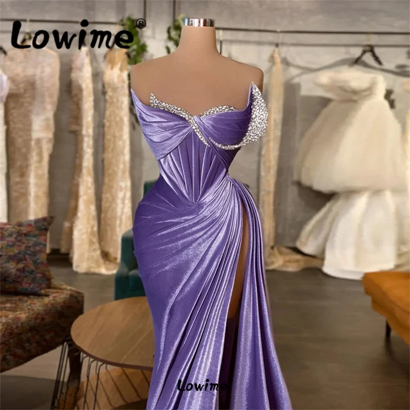 สีม่วงชุดเดรสปาร์ตี้สูงแยกกำมะหยี่ชุดราตรีอย่างเป็นทางการคำคริสตัลยาว Gowns พรหม Mermaid Celebrity Dresses 2022 Robes