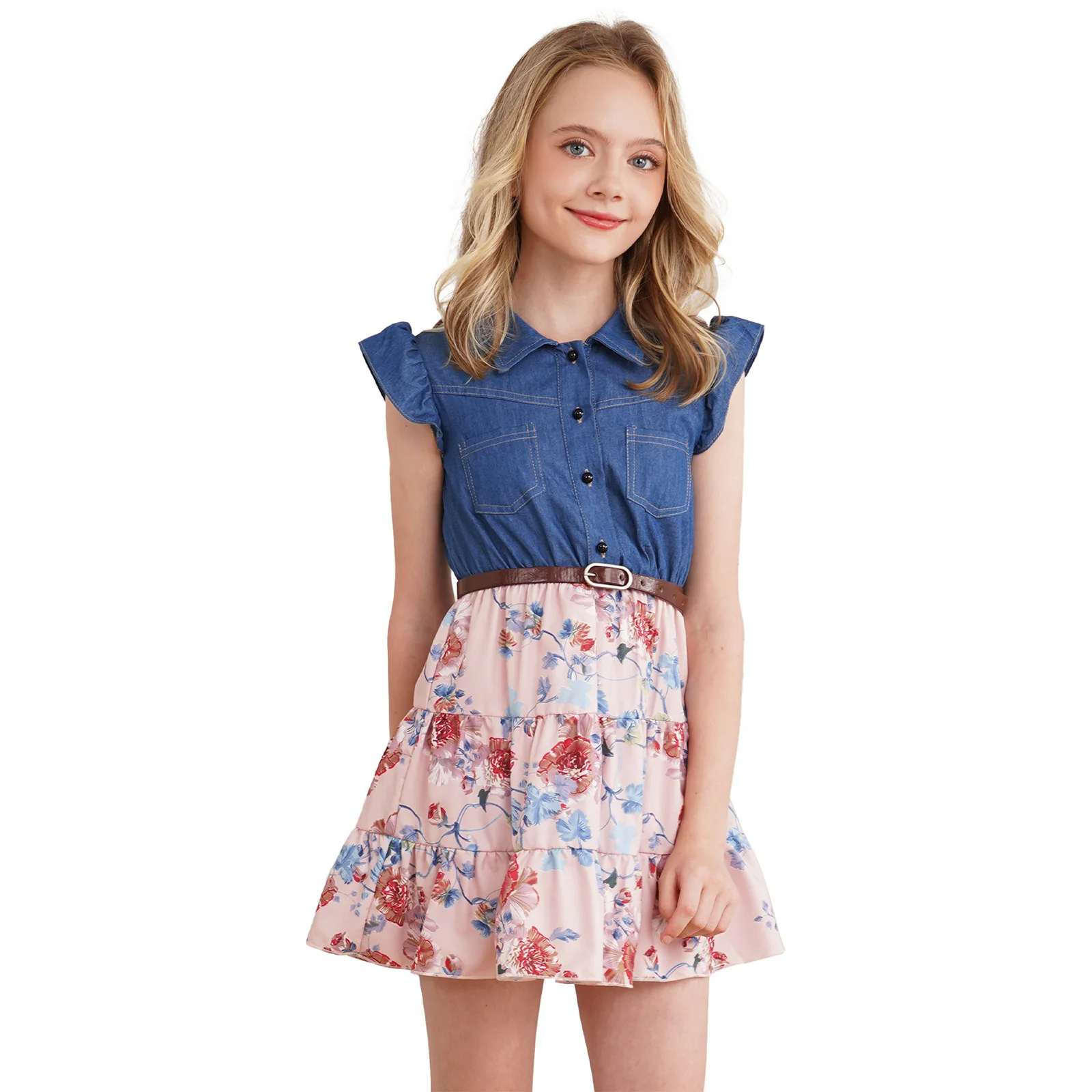 

Kids Girls Summer Dress Cotton Denim Flying Sleeve Floral Print Denim Dress Party A-line Princess Dress Casual Fashion Clothing