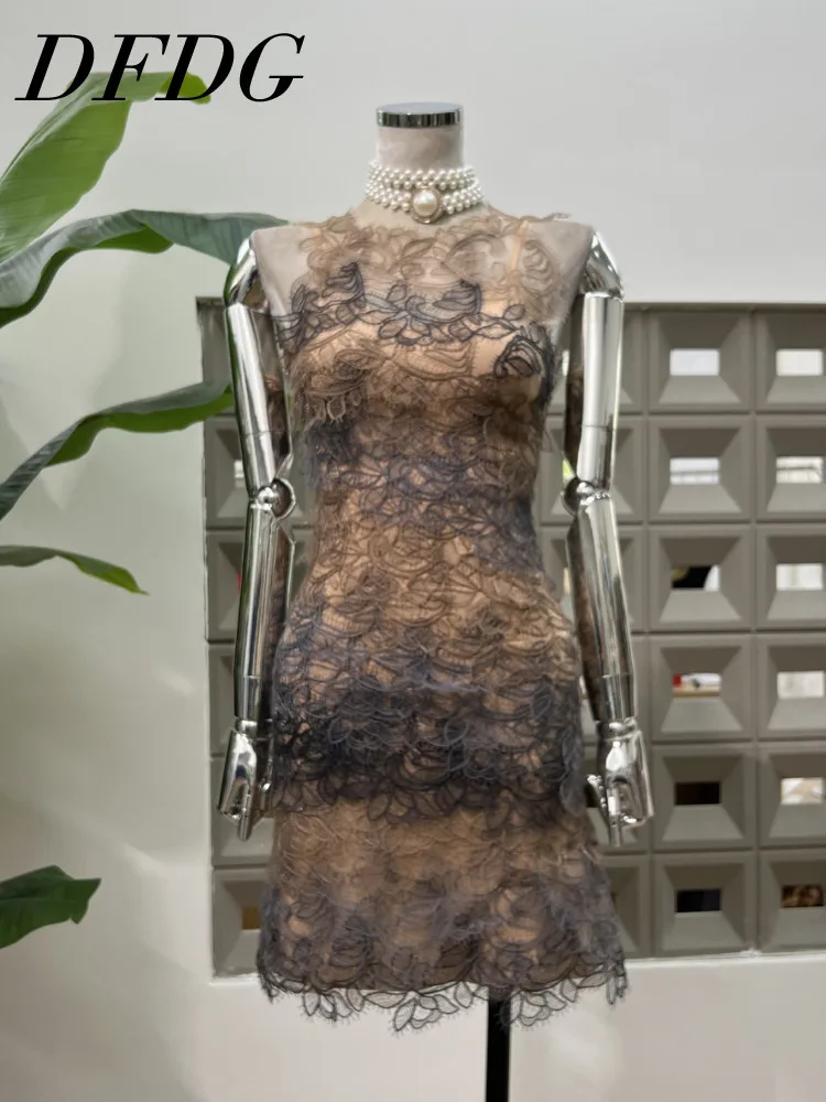 DFDG Vestido de noche de encaje transparente 2025 para mujer, ajustado, sin mangas, de malla, de tul, diseño único, para primavera y verano