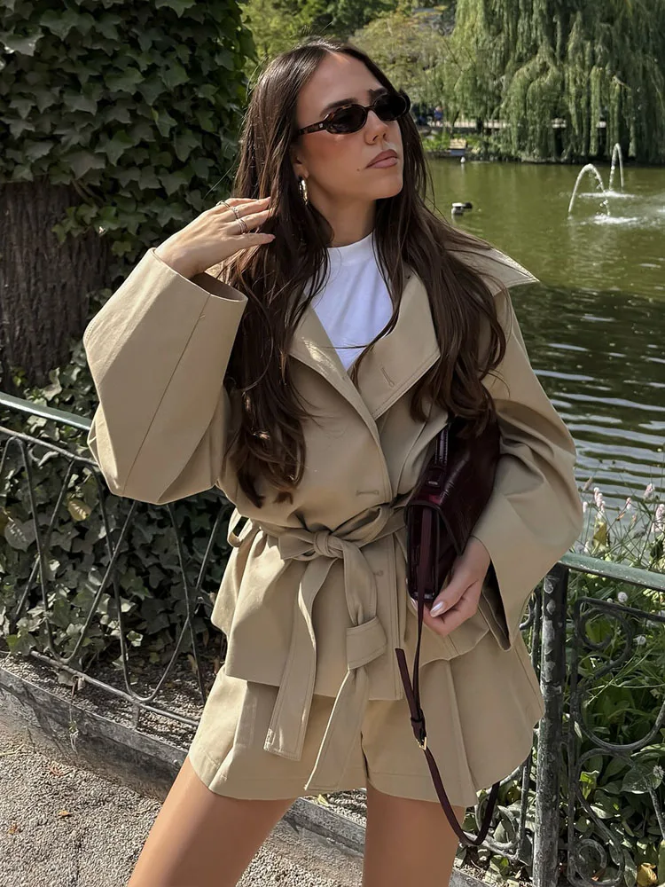 

HH женская мода с лацканами High Street короткое пальто с длинными рукавами и поясом однобортная куртка с карманами + шорты на молнии с высокой талией костюм