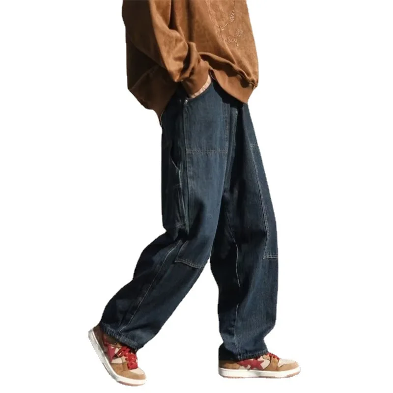 Street Hip Hop Paneled Used Washed Jeans Men's Trendy Brand Loose Wide Leg Casual Straight Pants New Trend