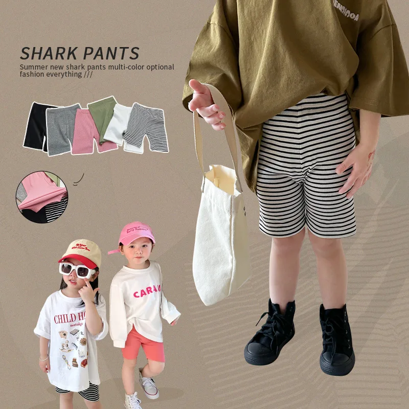 

Korea Kids Shorts Fashion Striped Girl Shorts Leggings Summer Children Solid Color Pants 2023