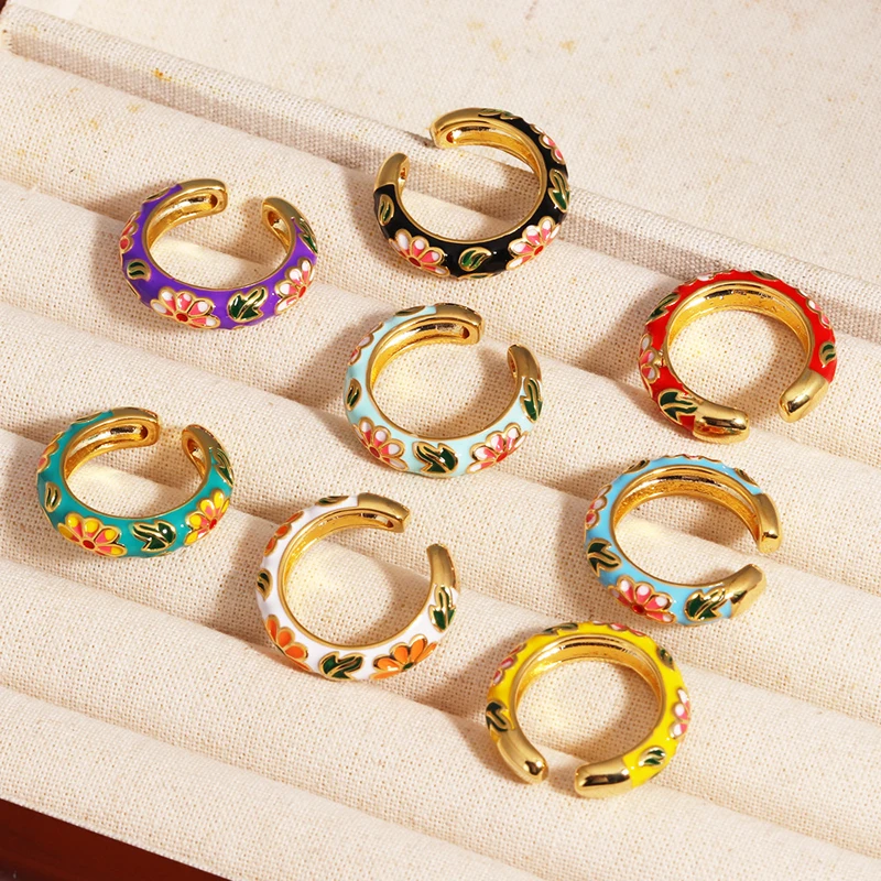 خمر الملونة المينا زهرة خواتم العصرية هندسية الإناث الحد الأدنى زهرة للسيدات حفل زفاف خطوبة مجوهرات هدية