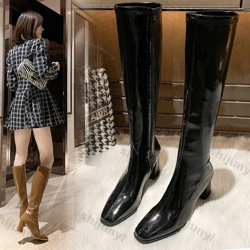 Botas hasta la rodilla con plataforma a la moda para Mujer, Botas Largas con cremallera lateral de charol, Botas de caballero de tacón alto negras para Mujer