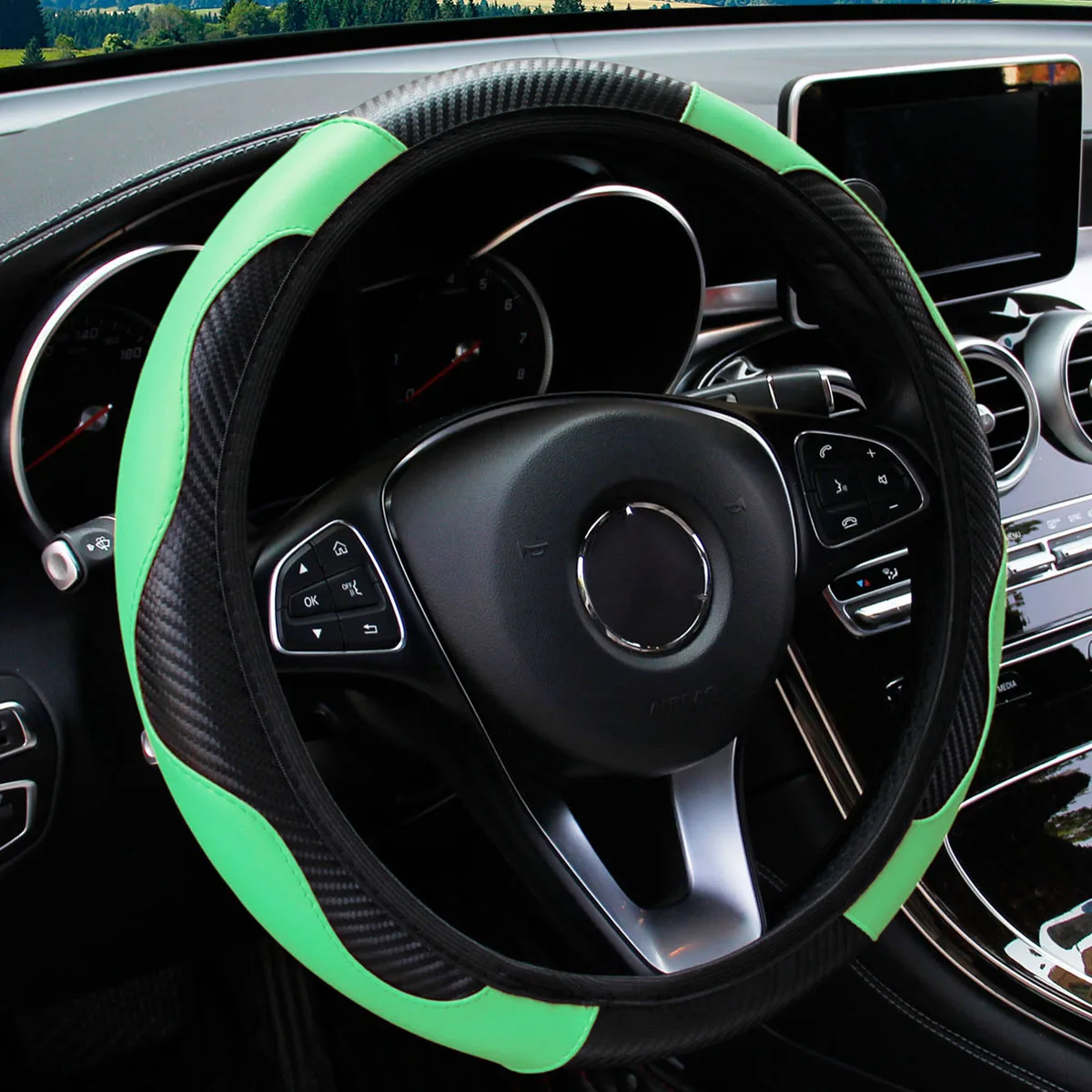 Universal Fit PU Carbon Faser Leder Auto Lenkrad Abdeckung 14,5-15 Zoll Kein Innenring Erforderlich Fahrzeug Dekoration Zubehör