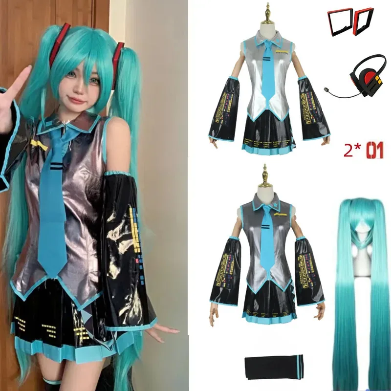 pu-レザーボーカロイドミクコスプレ衣装アニメミディドレスハロウィンクリスマスパーティーの服