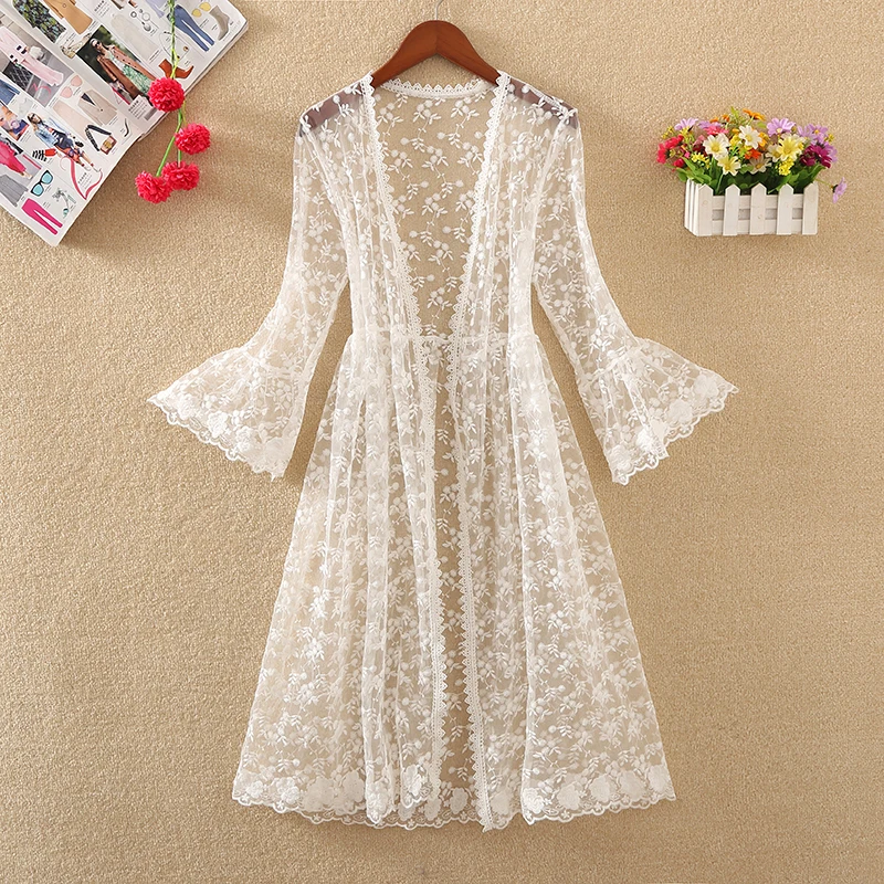 Long Cardigan Beach Cover Up 2023 Summer Blouses For Women Woman V Neck Shirt Top Lace Blusas Femininas Elegant Sunproof Outwear