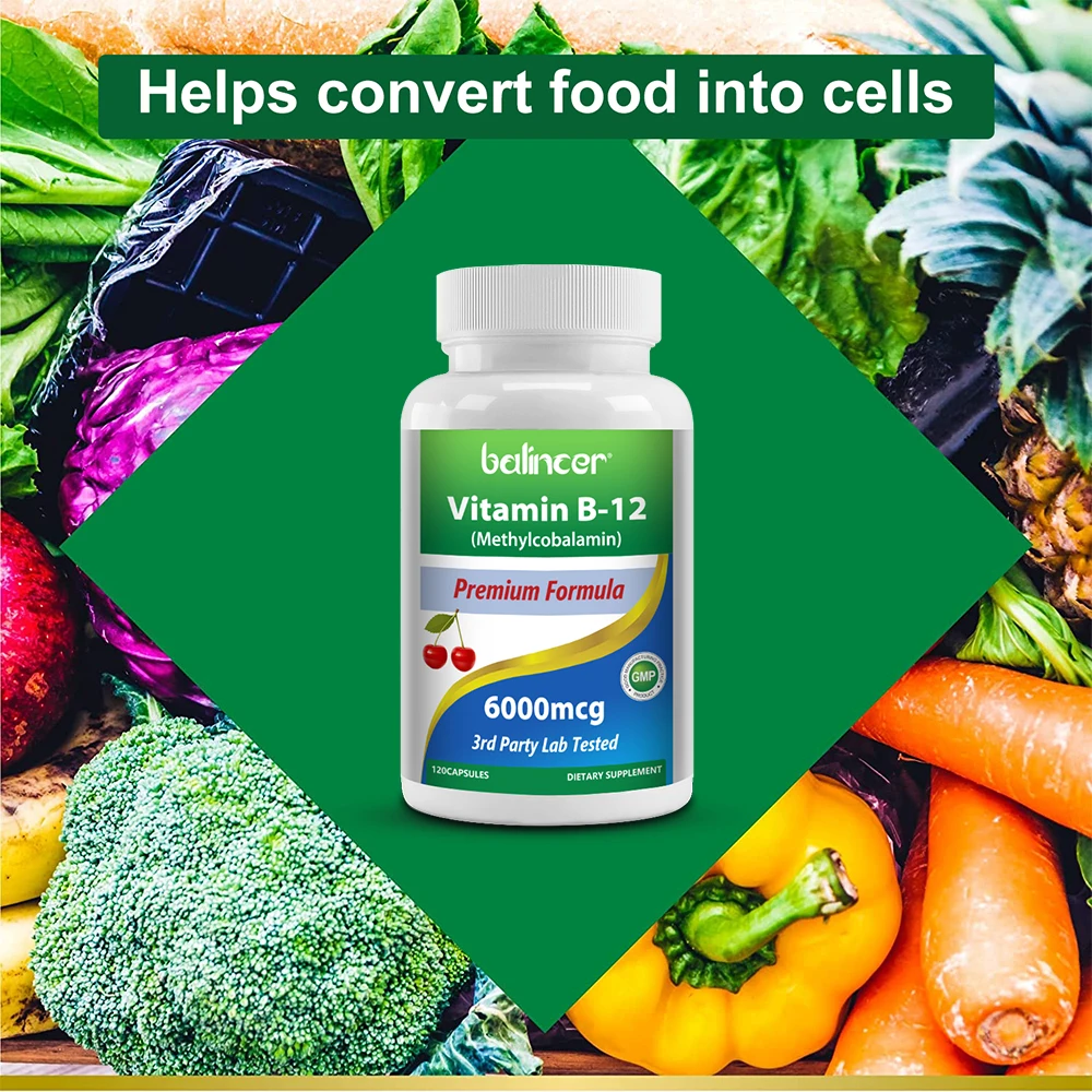 Vitamin B12 6000MG, Methylcobalamin Supplement for Mind, Energy, Brain, Mood, Heart Support, 30/60/120 Capsules