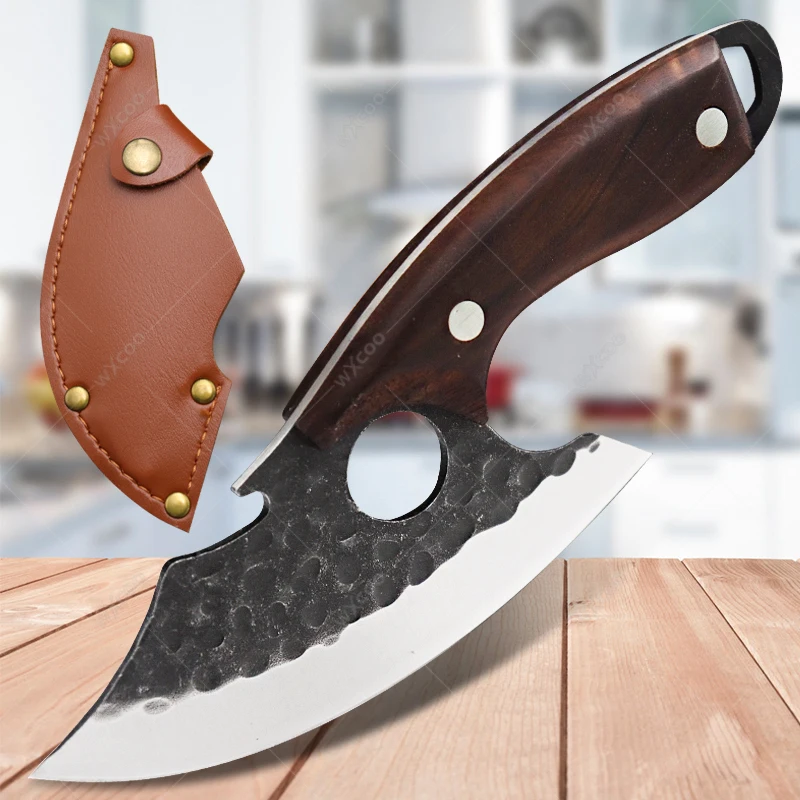 

WXCOO Stainless Steel Kitchen Knife Meat Cleaver Forged Hammered Kitchen Butcher Boning Knife Solid Wood Handle with Cover