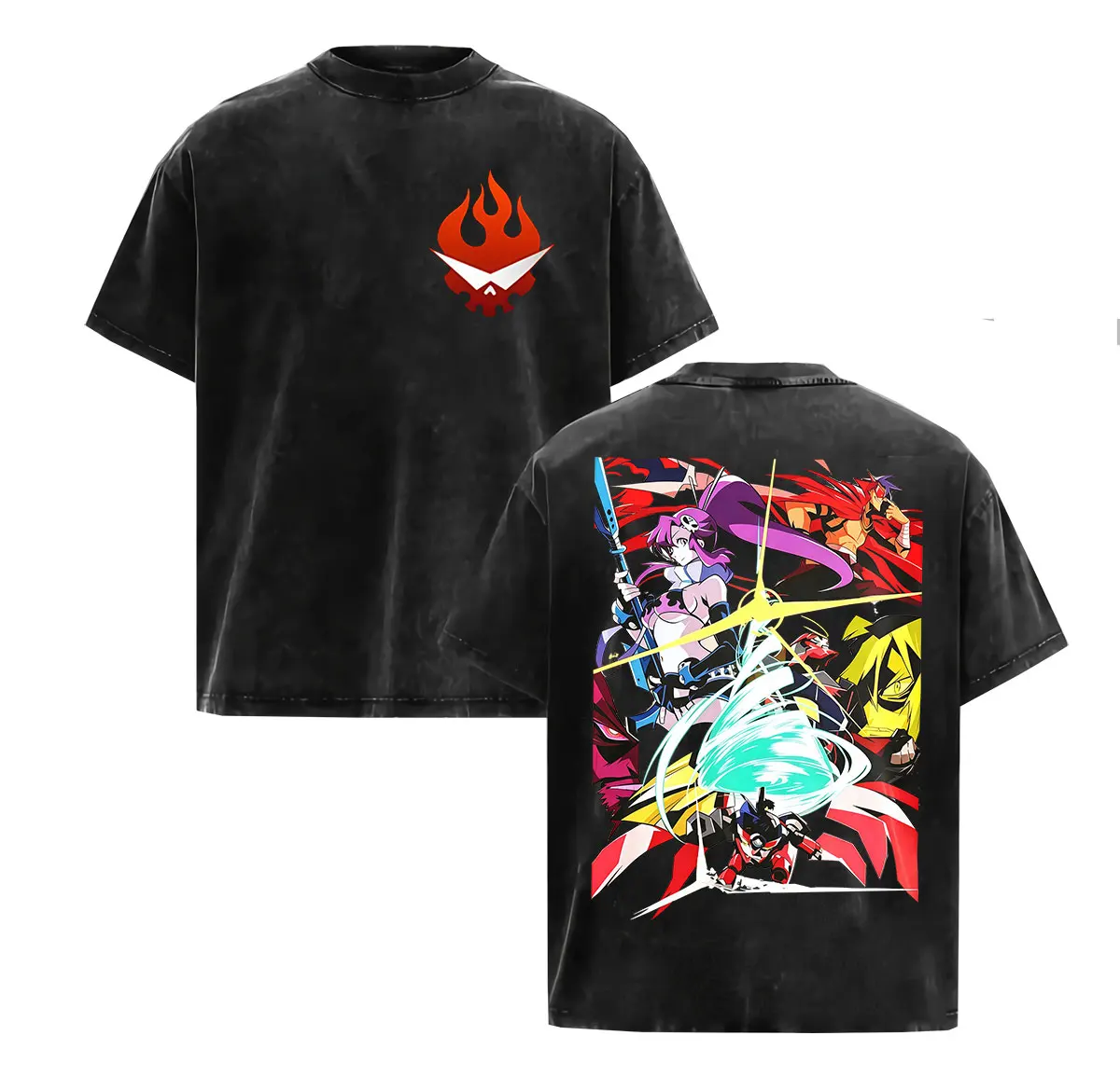 Anime Kamina Tengen Toppa Gurren Lagann Vintage Washed T Shirt Japanese Manga Harajuku Clothing Short Sleeve T-shirt Men's Women