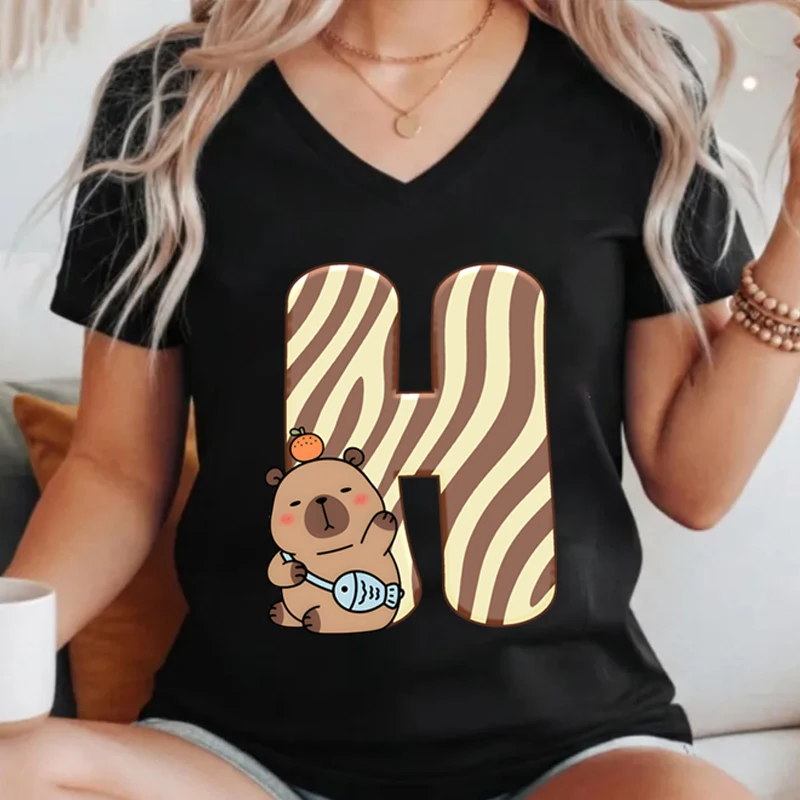 Cartoon Capybara Letter A-Z Print T-Shirt Short Sleeve Fashion Y2K Tops Girls Capybara Lover Gift 26 Alphabet Women's V-neck Tee