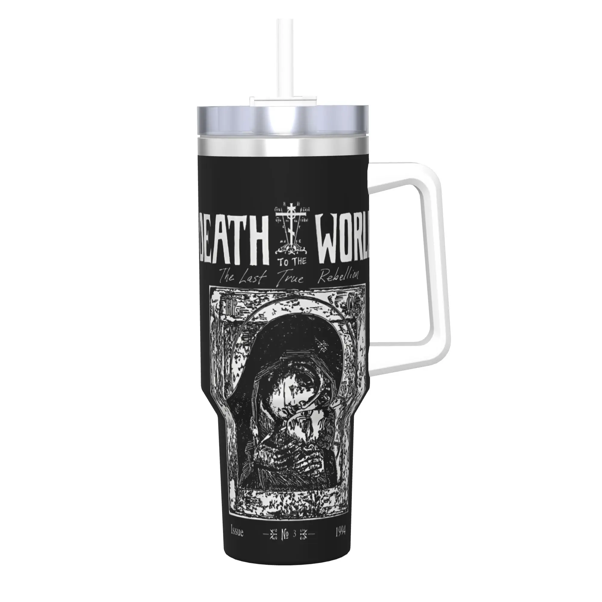 

40oz Russian Orthodox Saying Inscriptions Skull Vacuum Insulated Tumbler Death to World Handle Mugs Reusable Cup Water Bottle