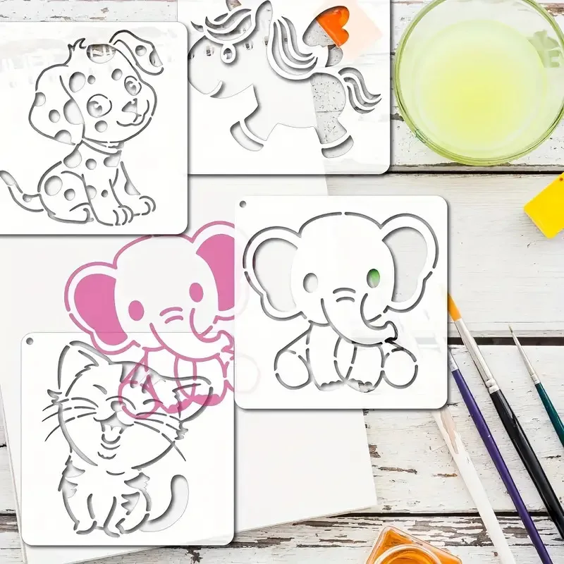 16 ورقة من قوالب الحيوانات الكرتونية الرائعة، استنسل قابل لإعادة الاستخدام للأطفال، مشاريع الرسم اليدوية اليدوية، تصميم لطيف #3