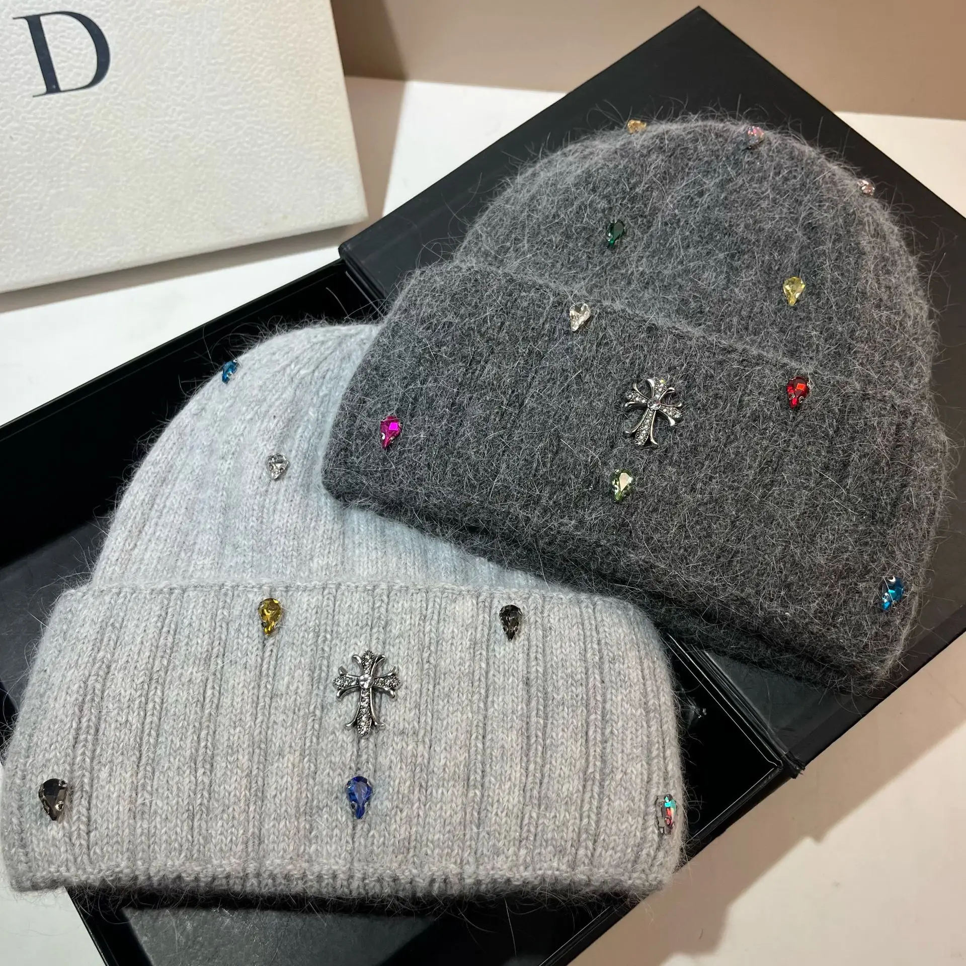 

Luxury Rabbit Hair Knit Beanie with Rhinestone Cross Chunky Wide Ribbed Winter Hat for Women, Elegant Slouchy Statement Stocking