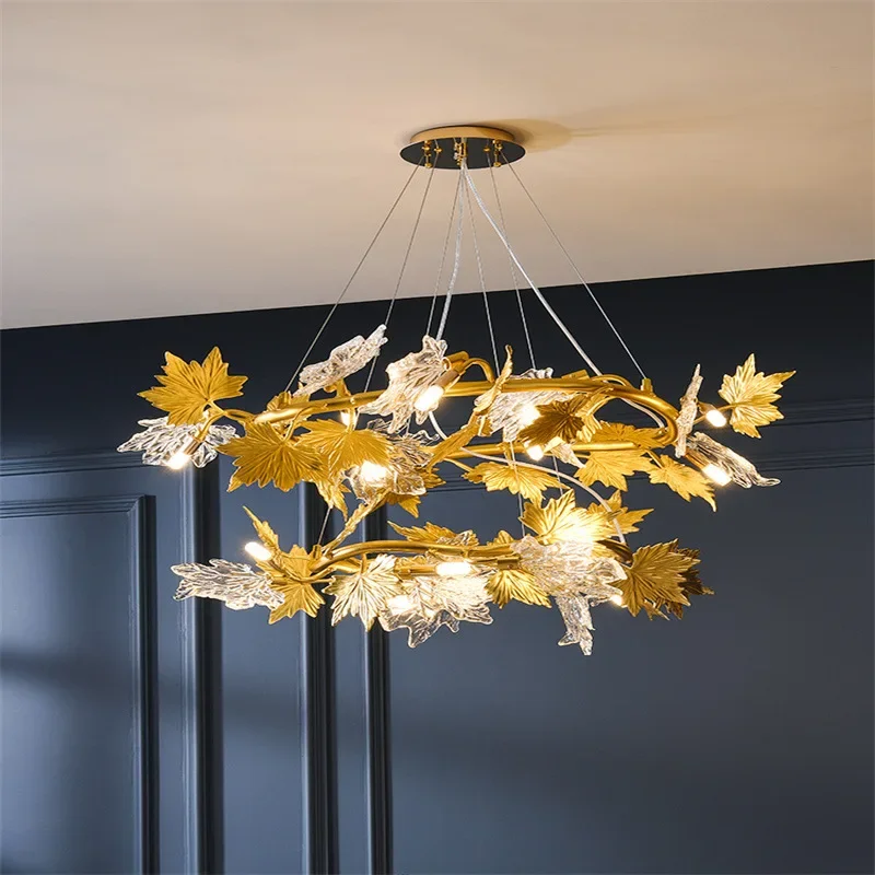 Maple Leaf Art Led Chandeliers Hanging Pendant Lighting Modern French Country Lustre Crystal Suspension Rustic Bar Decor Lamps