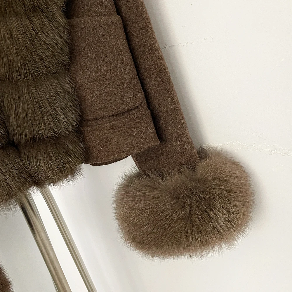 OFTBUY Wollmantel Neue Damen Kurze Doppelseitige Wolljacke mit Echten Fuchsfell-Taschen Luxuriöse Warme Wintermode-Oberbekleidung – Detail 20