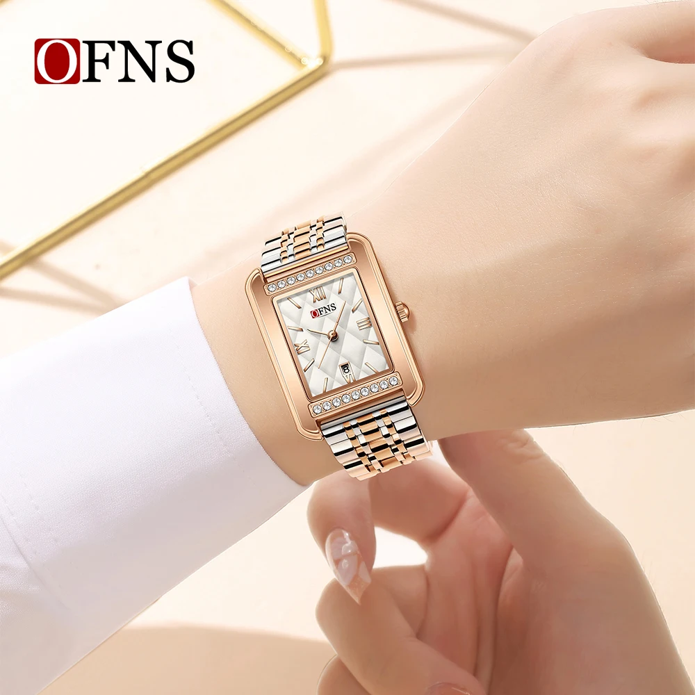 OFNS ยี่ห้อใหม่ 1557 แฟชั่นผู้หญิงนาฬิการูปแบบเพชรกันน้ําปฏิทินฝังเพชรนาฬิกาผู้หญิง 2025