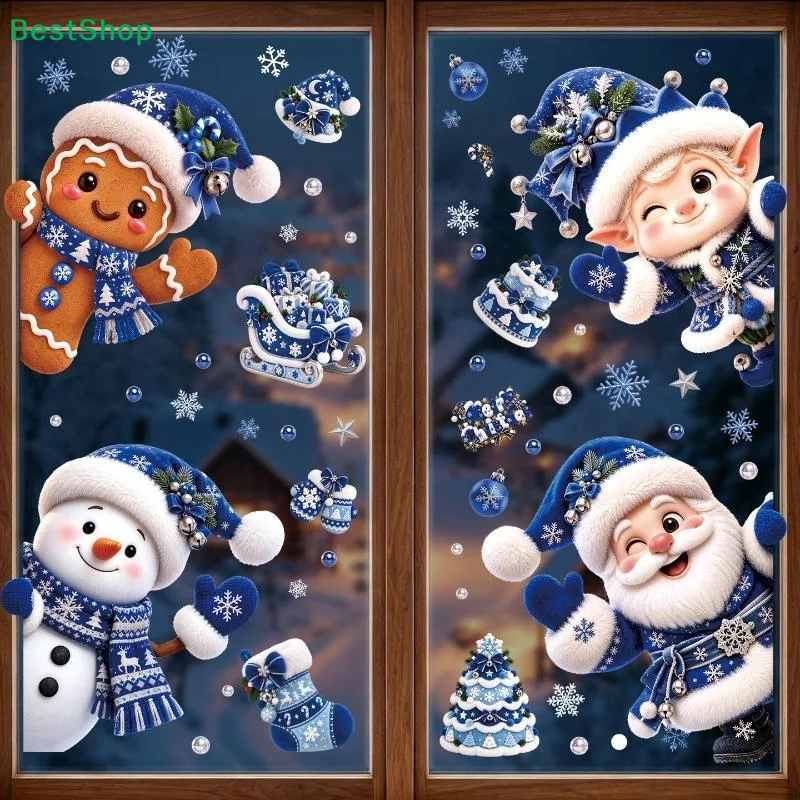 4Pcs Removable Blue Christmas-Themed Window Decals Featuring Cute Santa Claus, Snowman, And Gingerbread Man Home Decor