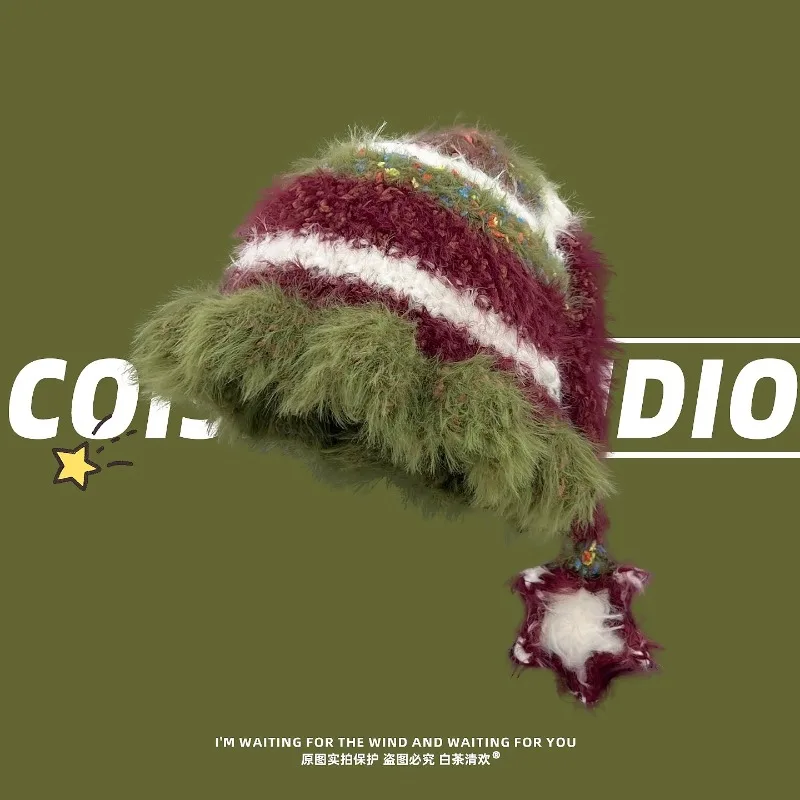 New Fashion Contrasting Color Striped Plush Knitted Bucket Hats Women Winter Warm Versatile Personality Star Long Tail Basin Cap
