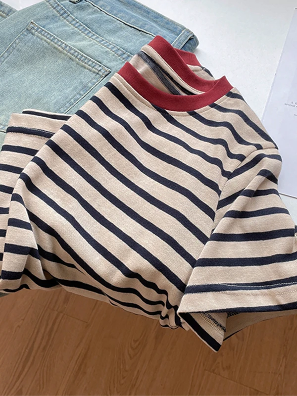 Sommer 2025, neu, Übergröße, gerader Schnitt, schlankmachendes Damen-T-Shirt, gestreift, ort Sve Hong Kong Sle Classic Faion Damen...