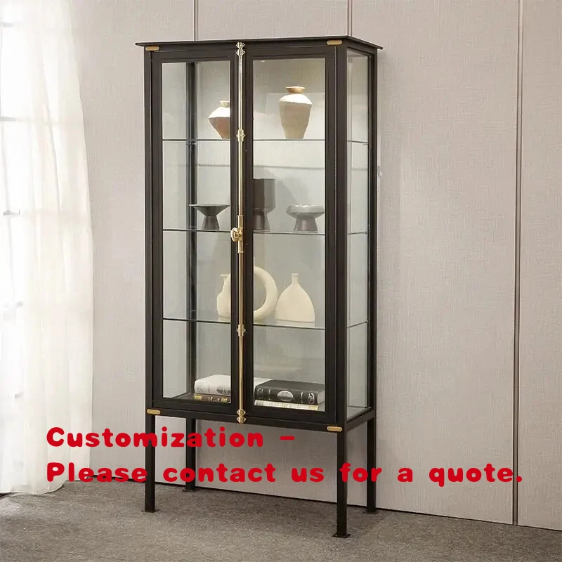 custom.Lockable Nordic LED Glass Display Cabinet Iron Frame Home Wine Rack Figurine Ornament Display Cabinet