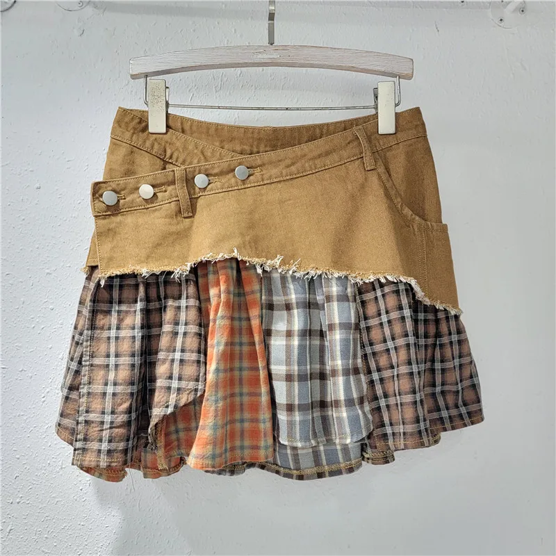 Women Irregular Grids Splicing Ruffles Irregular Denim Pleated Skirt Short Summer High Waist A-line Plaids Ruched Skirt Faldas