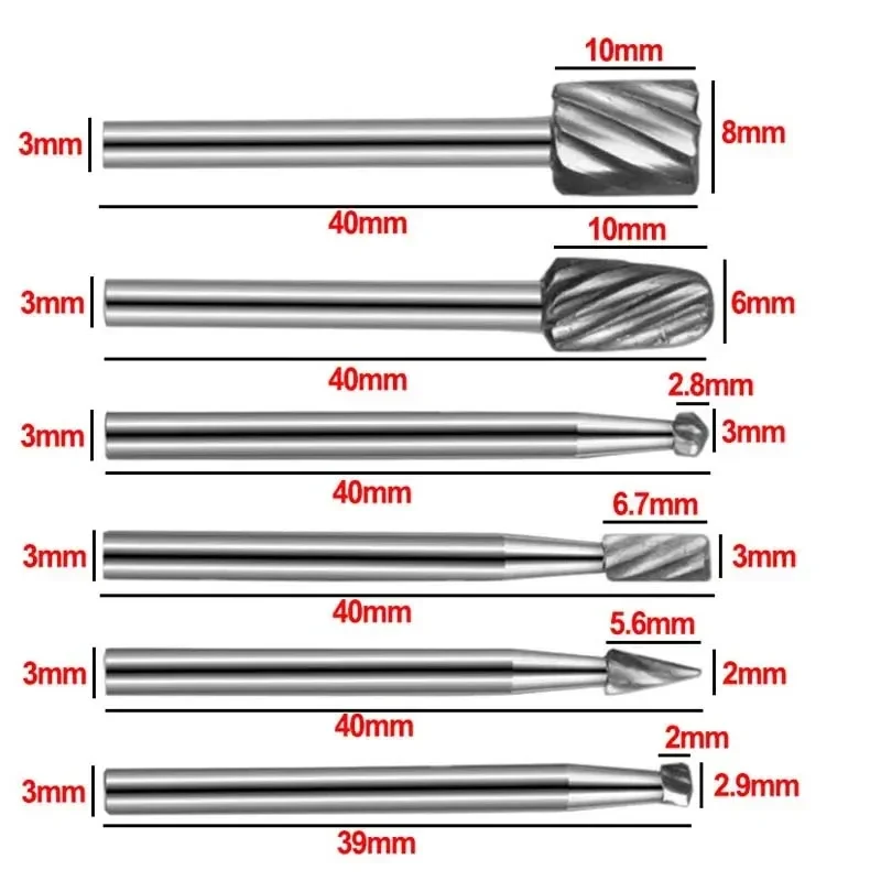 6Pcs Tungsten Steel Router Drill Bits Set Milling Cutter Rotary Burr Tool CNC Engraving Abrasive Tools Wood Metal Milling Cutter