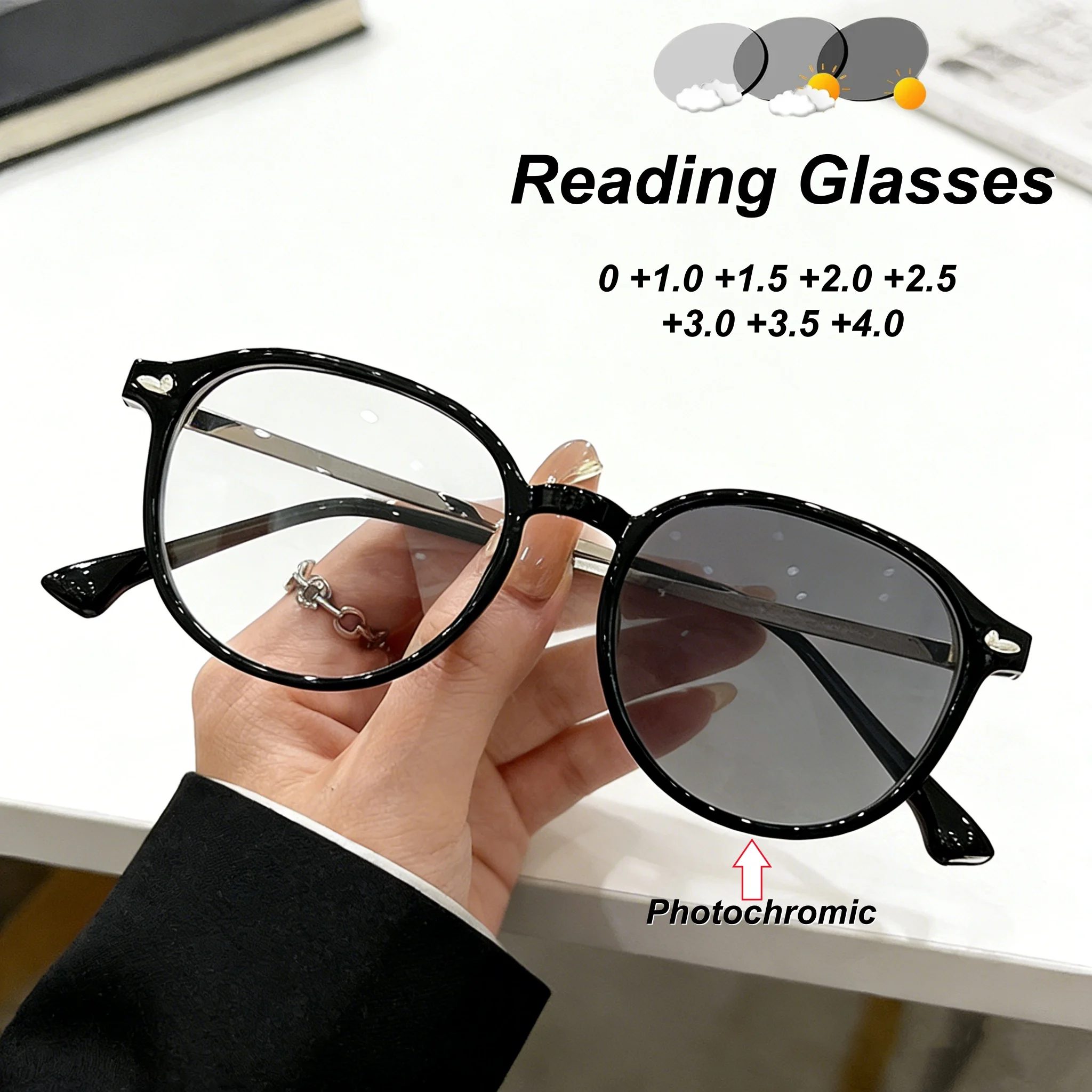 

2026 New Fashionable Personalized Round Frame Photochromic Women's Reading Glasses Retro Neutral HD Anti Blue Light Glasses