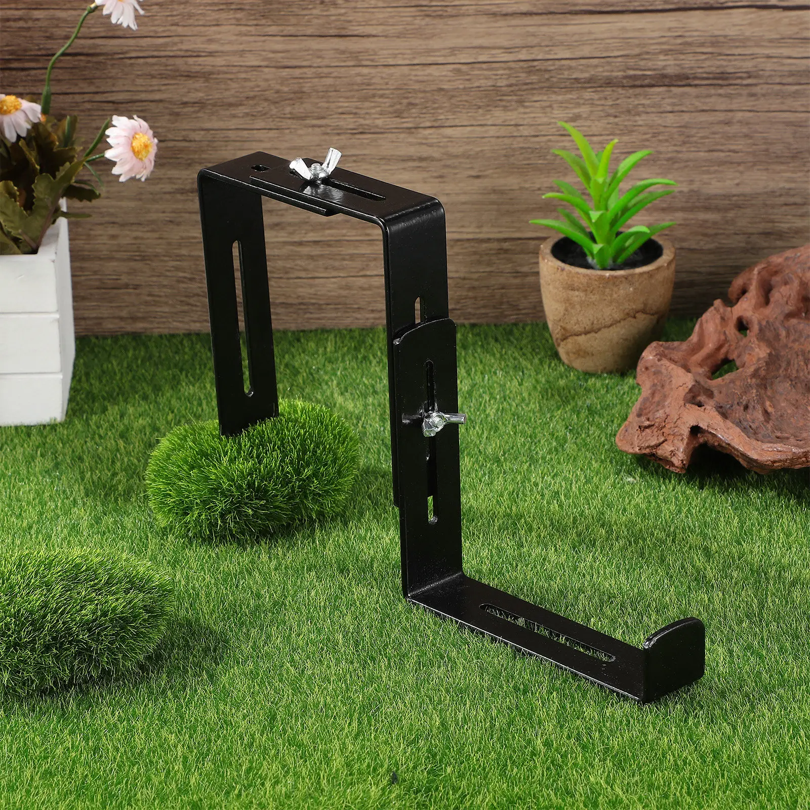 

1Set Heavy Duty Iron Flower Box Holder for Windows Decks Railings Balcony Garden Decor Curved Hook No Tools Needed Black Coated