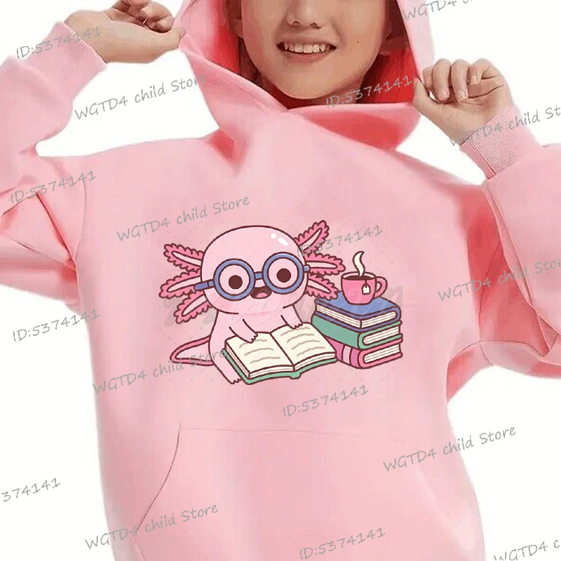 Y2K Axolotl Read Book Hoodies Cartoon Style Children's Clothing Kawaii Axolotl Coffee Hooded Cute Graphic Fashion Axolotl Hoody