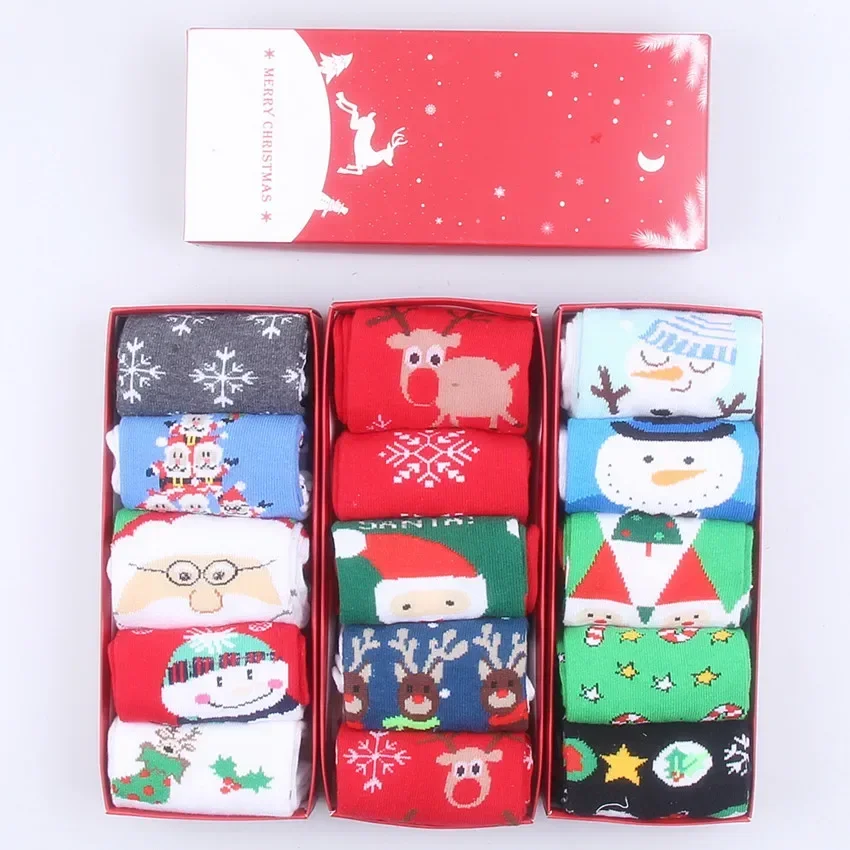 

Gift Box 5 pairs Socks Elk Old Snowflake Mid-Calf Male and Female Socks Gift Gift Cotton Socks Christmas Stockings Wholesale