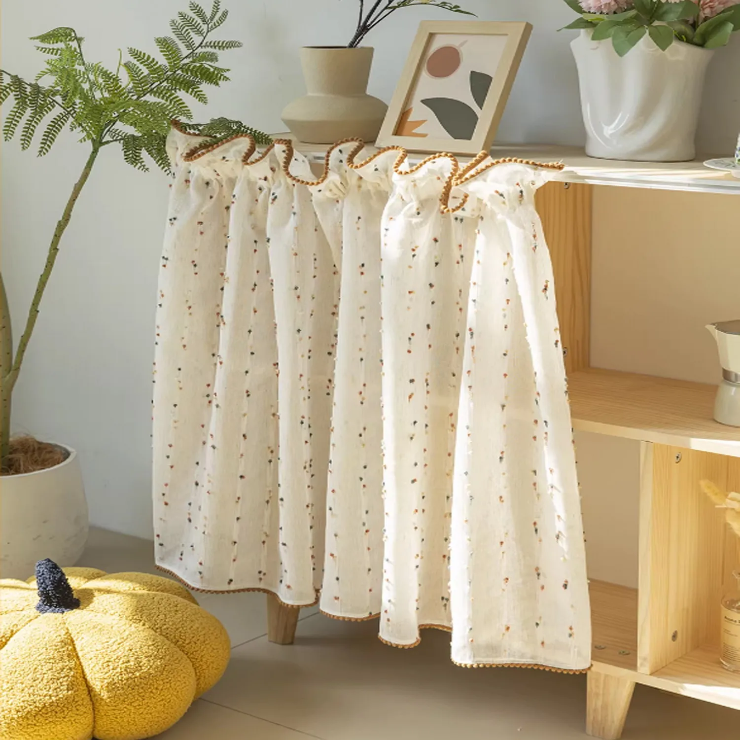 Rainbow Candy Beans Pattern Design Tulle Short Curtain for Kitchen Cabinet Block Children's Room Cafe Pull Pleated Top
