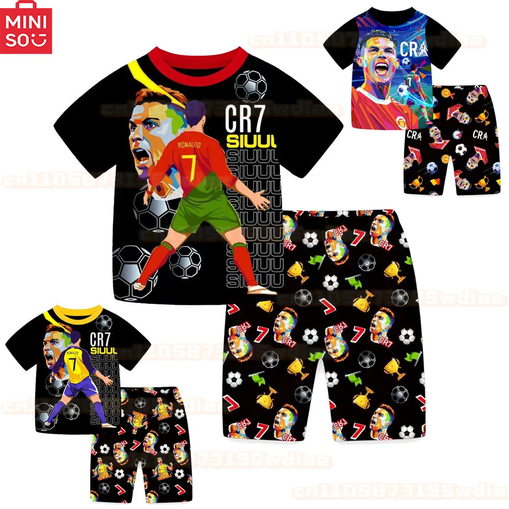 

Summer Kids CR7 Football Jersey Boys Girls Costume No.7 TShirts+pants Pajamas Set Football Ronaldo CR7 Print Child Clothes Gifts
