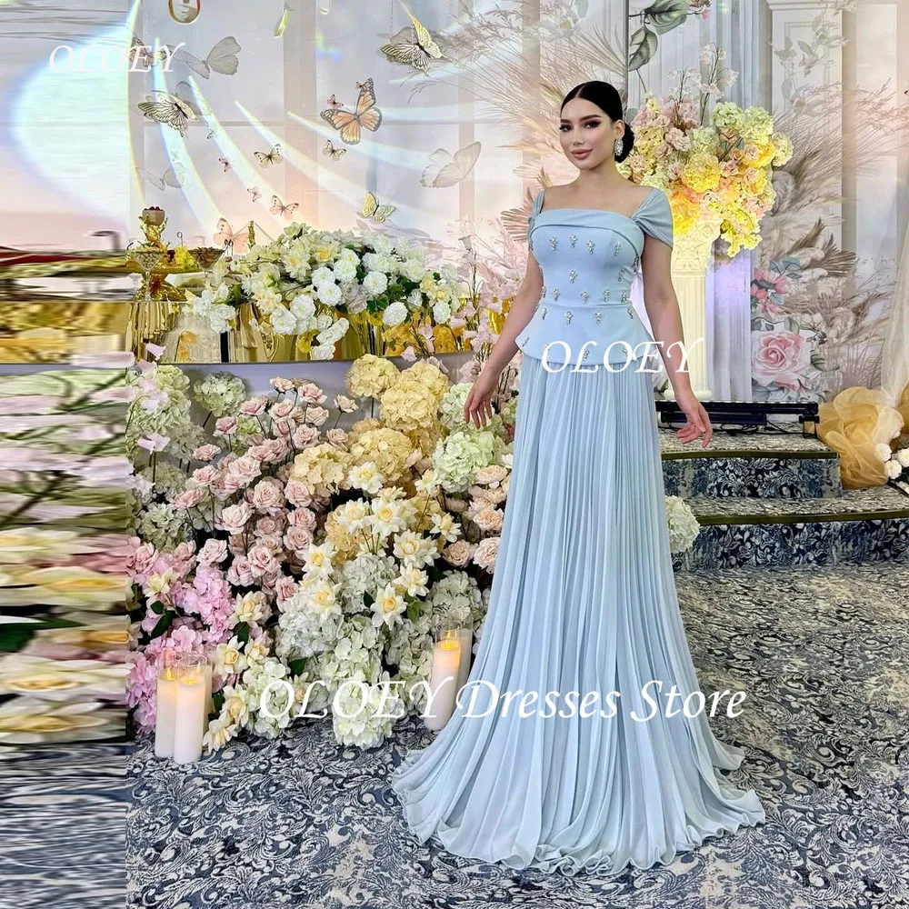 

OLOEY Elegant Blue Evening Dresses Dubai Arabic Women Cap Sleeves Crystal Cap Sleeves Draped Formal Prom Gowns Customized