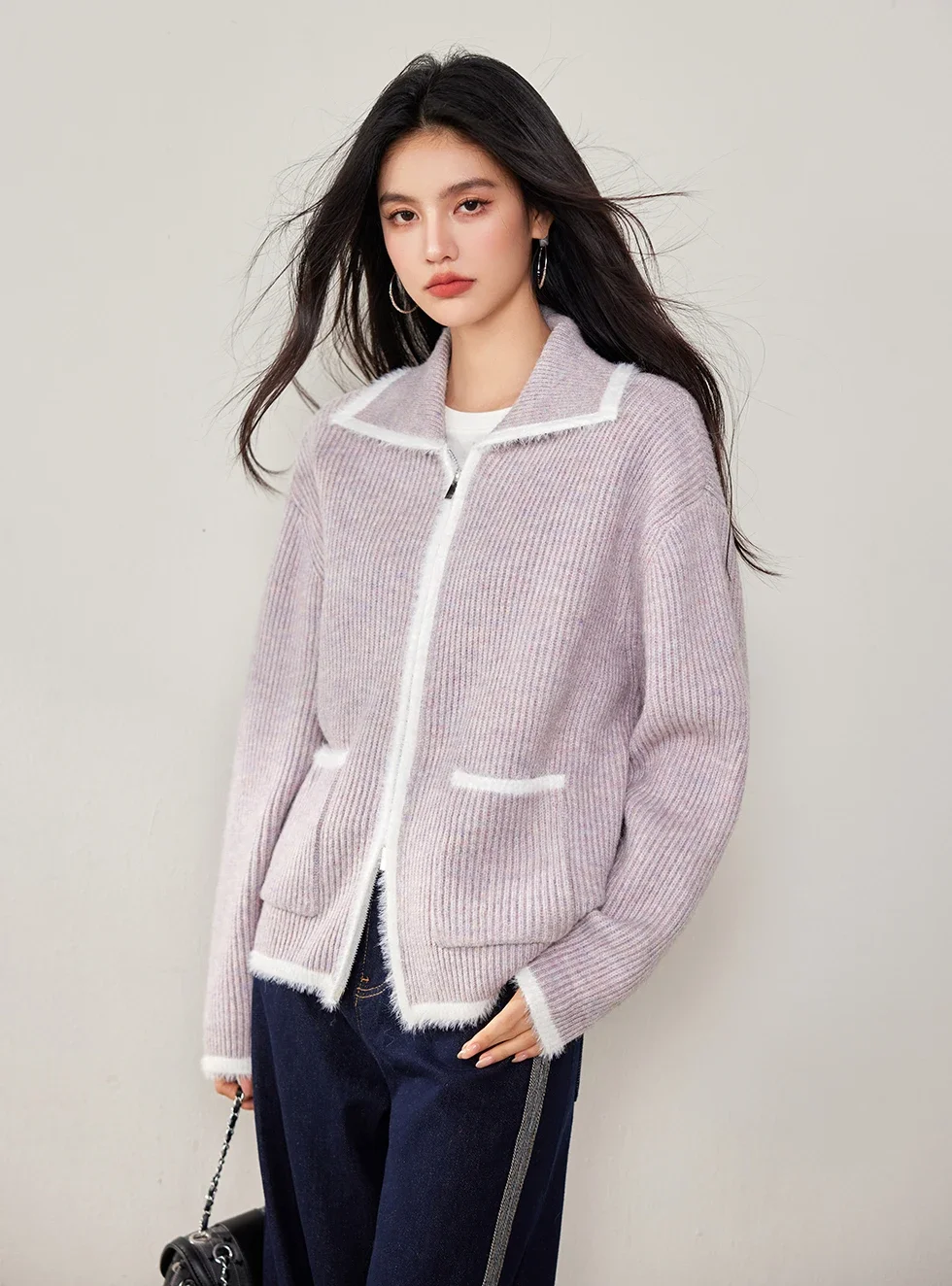 Women Lapel Long-sleeved Contrast Color Imitation Mink Sweaters Cardigan Autumn Winter Lazy Style Versatile Casual Knitted Coats