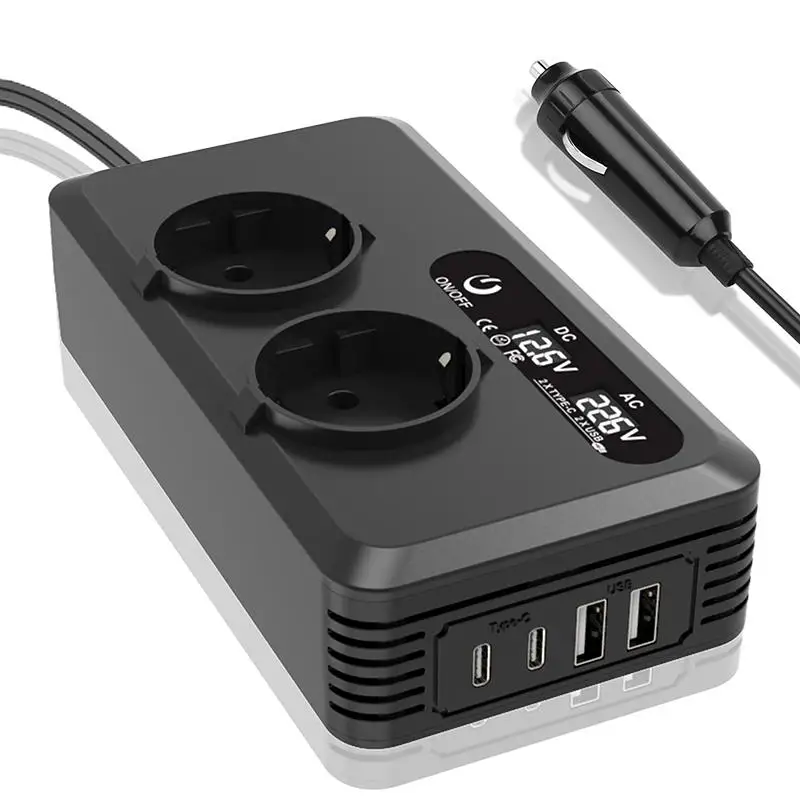 200W Car Inverter 12V to 220V EU Sockets USB C Port Cigarette Lighter Plug for Mobile Office On The Go
