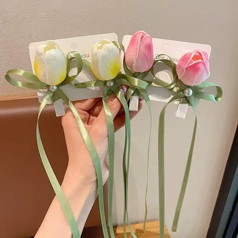 

Модная заколка для волос в форме тюльпана с жемчугом и шелковой лентой, дизайн «утиный клюв», элегантный корейский головной убор, аксессуары для волос для девочек, для вечеринок, на каждый день, в подарок