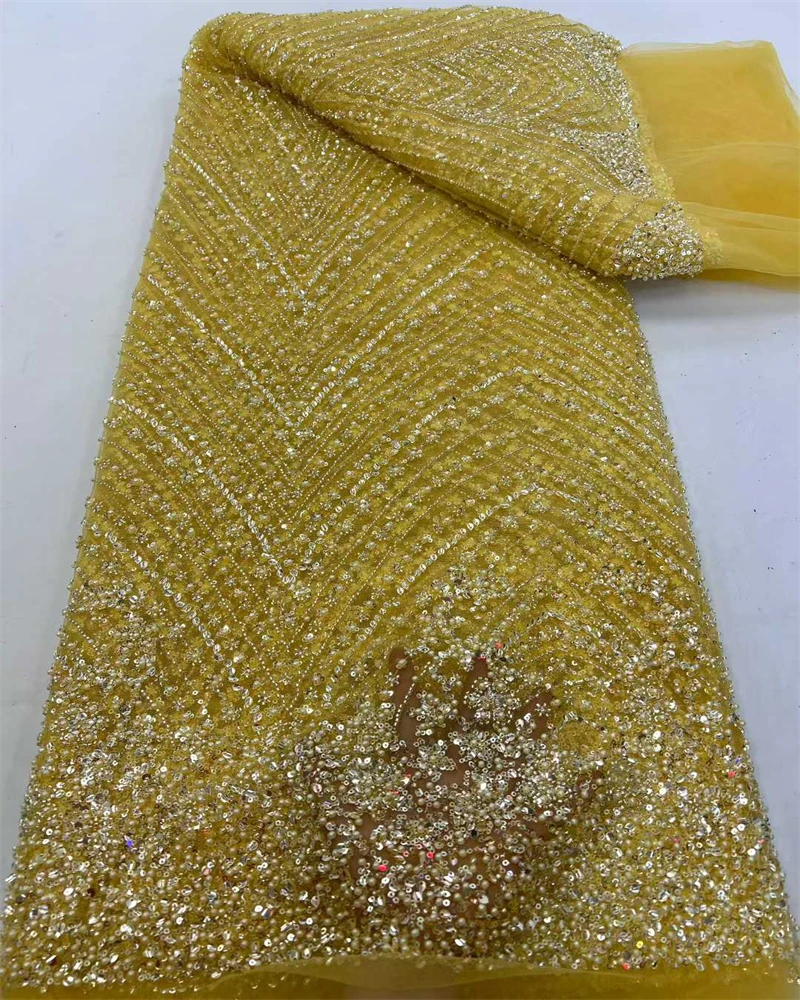 

Fashion Gold French Mesh Beads Embroidery Sequins Lace Fabric African Nigerian Groom Lace Fabric For Wedding Dress Women