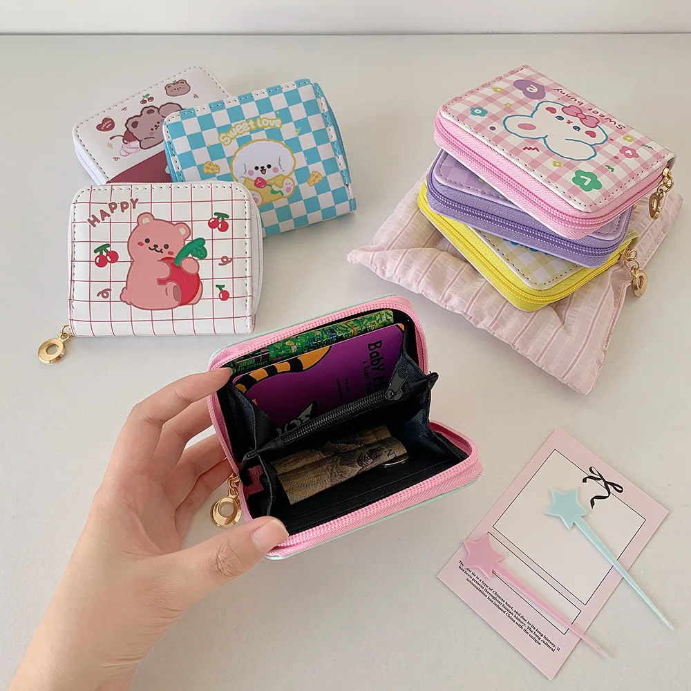 Cartoon Cute Animal Coin Purses for Women Girls Change Credit Card Holder Money Bag PU Leather Double Fold Zipper Pouch Wallet
