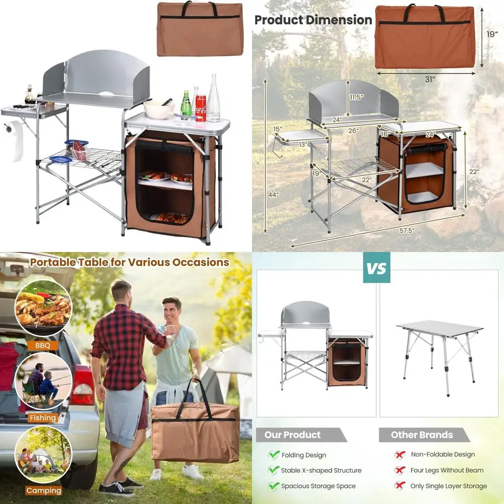 

Portable Outdoor Kitchen Table with Detachable Windscreen, Storage, and Carry Bag for Camping, BBQ, Picnics, and Travel (Brown)