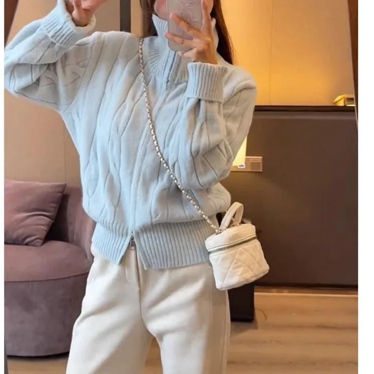 

Extra-Large Cardigan Turtleneck Double Zipper Cardigan Handcrafted Cable Knit Cardigan Everyday Chic Streetwear Cardigans