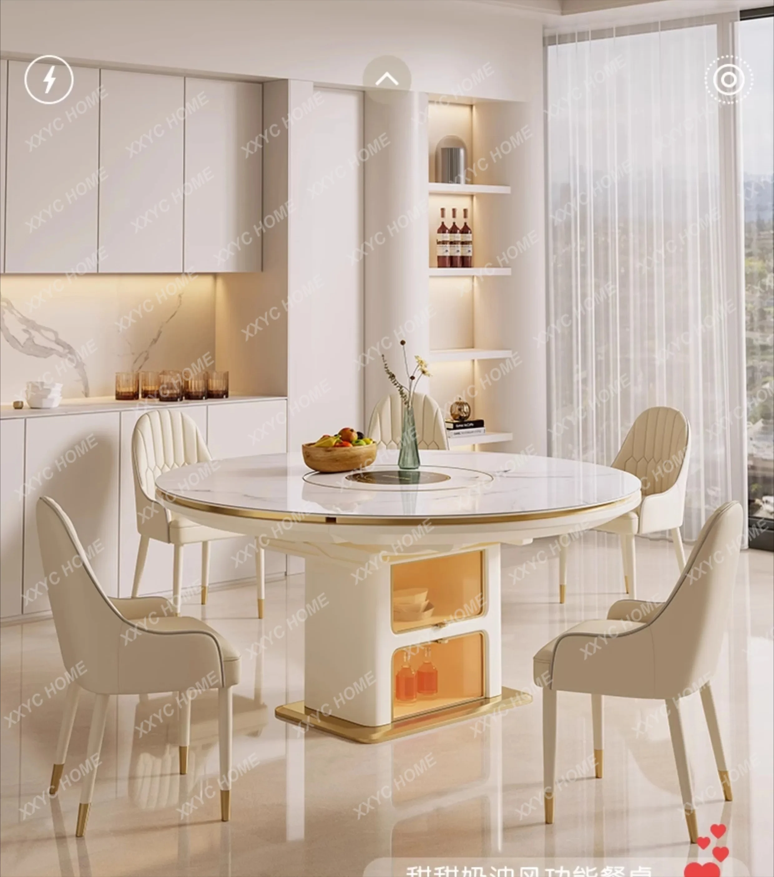 X40 Cream Wind Rock Slab Dining Table Small Apartment Telescopic Built-in Turntable Induction Cooker Marble