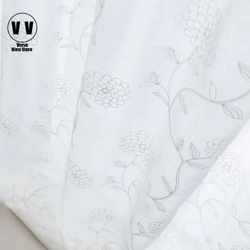 

White Embroidered Voile Curtains for Bedroom, Floral Tulle Window Curtain for Living Room, Sheer Curtains, Custom Drapes Blinds