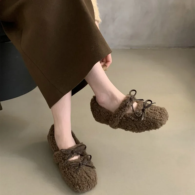 Vintage Women Fur Flats Shoes Fashion Shallow Butterfly-knot Shoes Spring Autumn Ladies Elegant Keep Warm Shoes