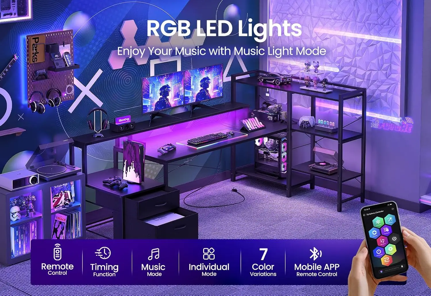 75 inch Computer Desk with Drawers, Reversible Home Office Gaming Corner Desk with LED Lights and Power Outlet File Cab