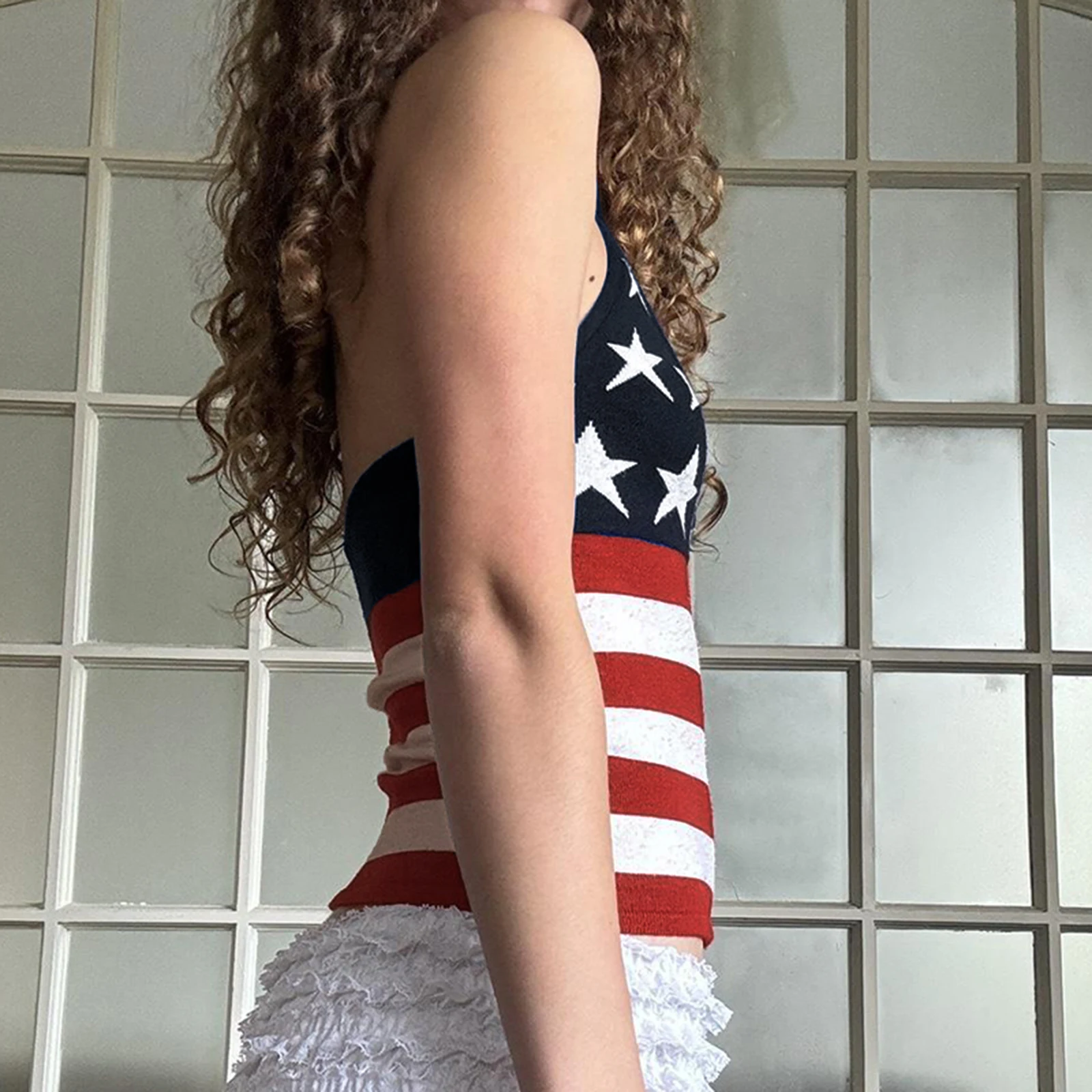 2000s ريترو سليم صالح المنخفضة قطع عارية الذراعين الرسن المحاصيل الأعلى المرأة Y2K العلم الأمريكي متماسكة تانك القمم مثير 4th من يوليو الوطنية بروتيل #4