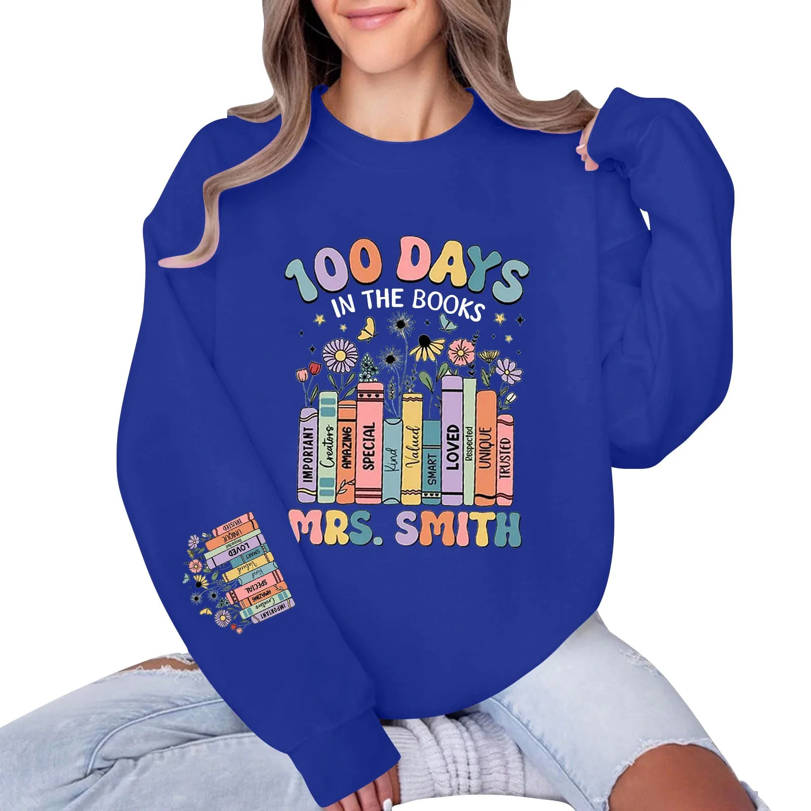 100 Days In The Book Sweatshirt Women Novelty Long Sleeve With Book Print Happy 100th Day Of School Shirt Female Preppy Pullover