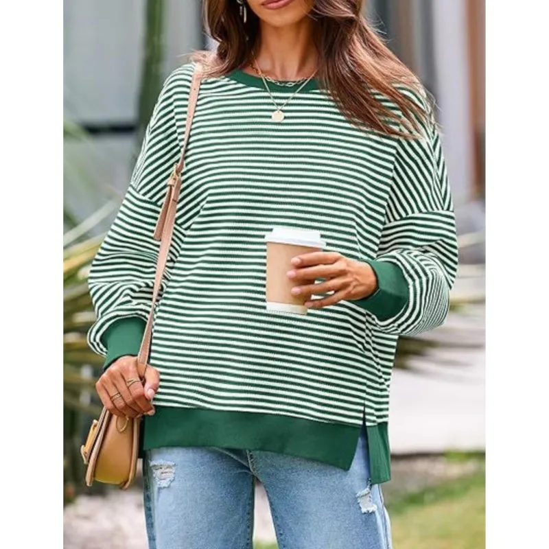 

Simple Casual Pullover Sweatshirt 2025 Spring Autumn Oversized Round Neck Striped Long Sleeve Loose Top for Women Female Clothes